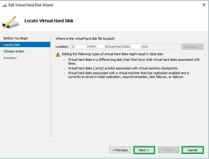 Browse locate the affected VHD files