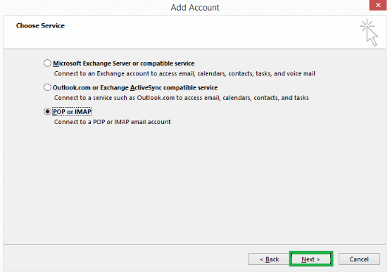 Select IMAP or POP from the three options