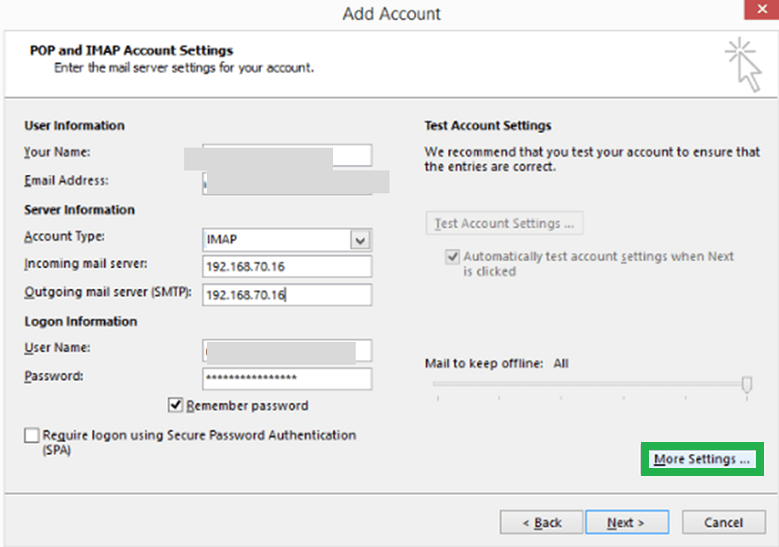 Select the server type as IMAP and then click on More Settings
