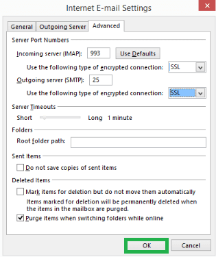 Select SSL as the encryption type for incoming and outgoing servers