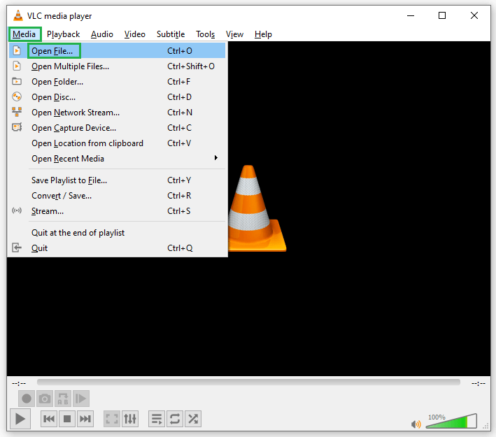 Click on the Media menu and select Open file