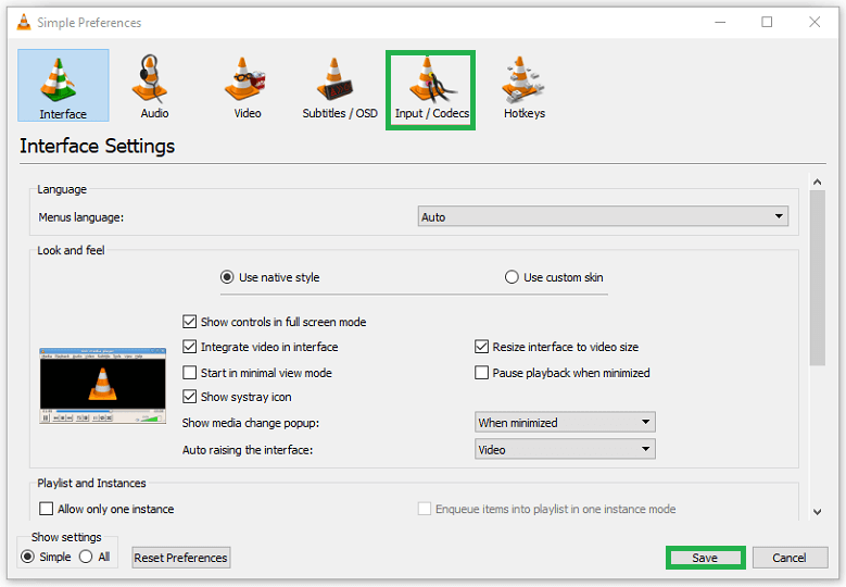 Click the Input/Codec