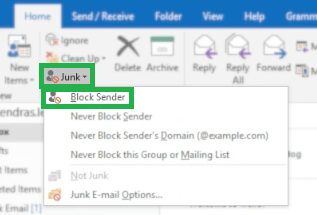 Click on the Junk button and select Block Sender