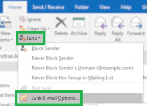 Go to Home> Junk> Junk Email Options
