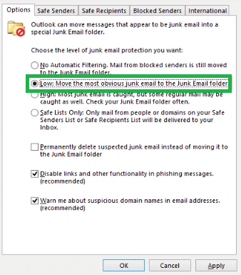 Set the filter for the level of filter you want for your emails