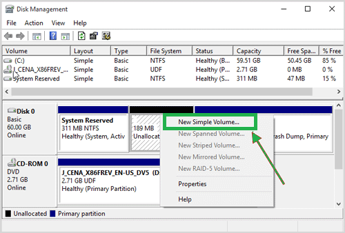 Select New Simple Volume