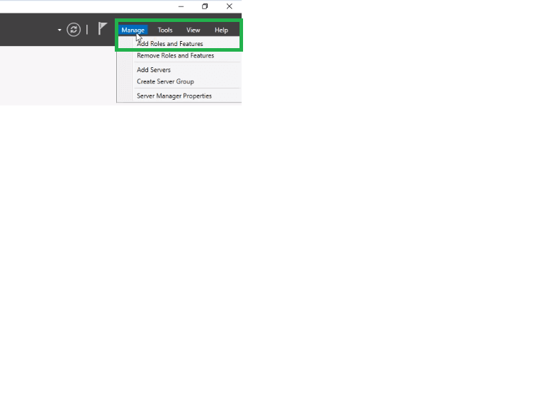 Click on the Manage button to select Add Roles and Features