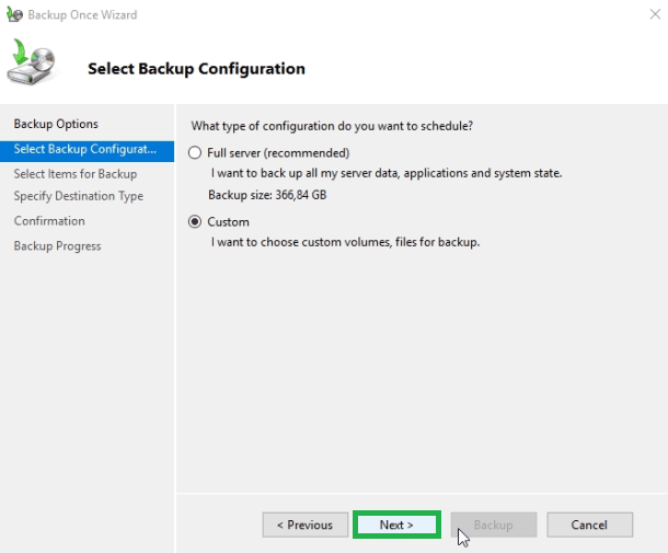 Select Backup Configuration box will appear 