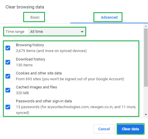 Clear data option to delete the saved cache files & cookies