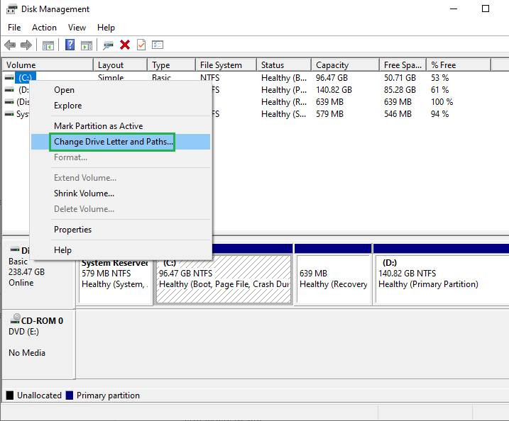 Choose the option Change drive letters and paths