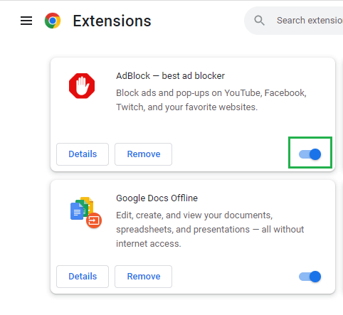 Find the ad blocker extensions and turn the toggle off