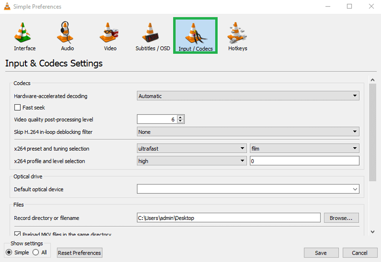 Select the Input/Codec section