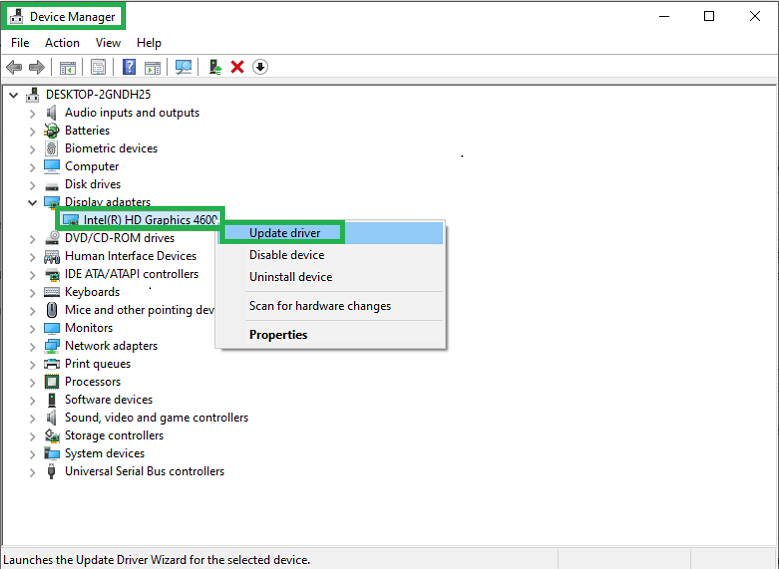 Displayed graphics driver and select the update driver.