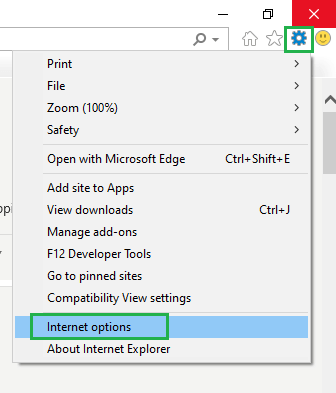 Click on the Gear icon and select Internet Options