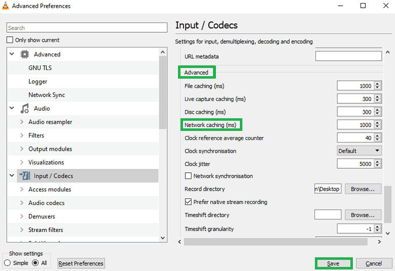 Scroll the windows up to Network Caching (ms) option