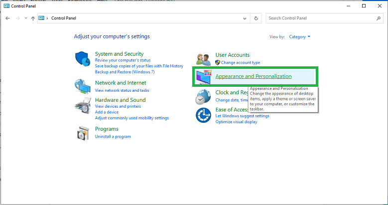 Navigate to the Appearance and Personalization option