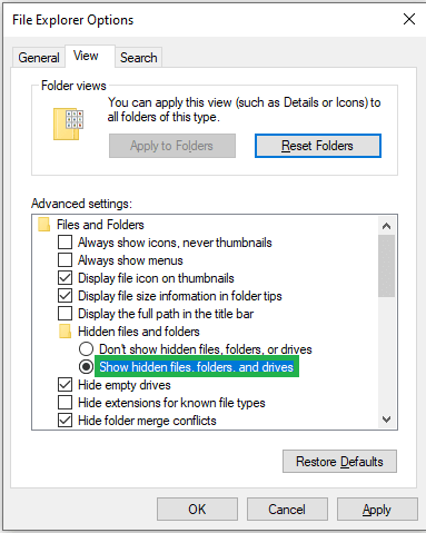 Select Show hidden files, folders, or drives option
