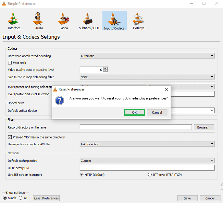 Click on the Inputs/Codecs