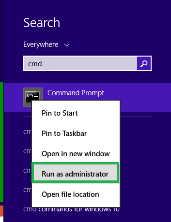 Command prompt to select the option Run as Administrator