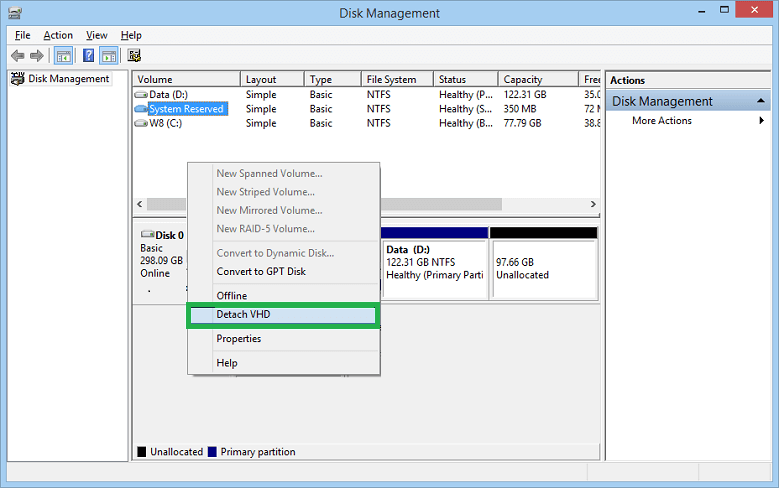 Select Detach VHD to completely detach it from the disk management system