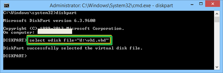 Select the VHD file from your system run the command