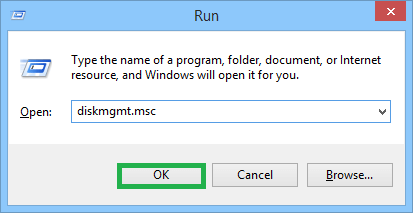 Open the Run window and type diskmgmt.msc