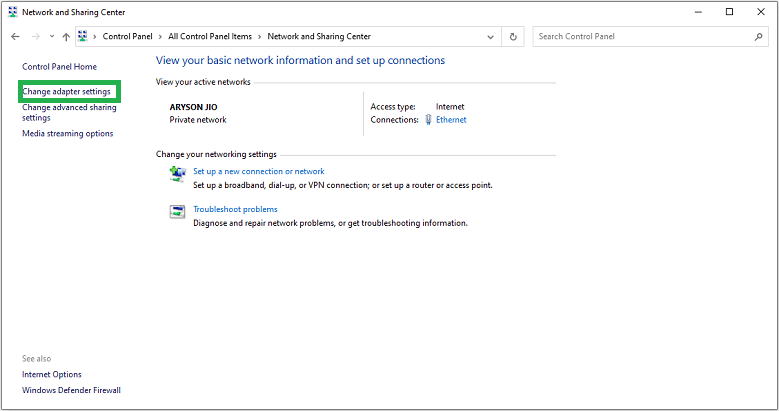 Select the Change Adapter Settings to view the Network connections
