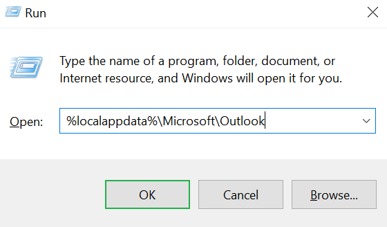 Type %localappdata%\Microsoft\Outlook