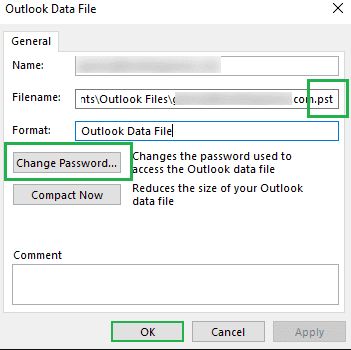 Change Password button in the appeared personal folders dialogue box