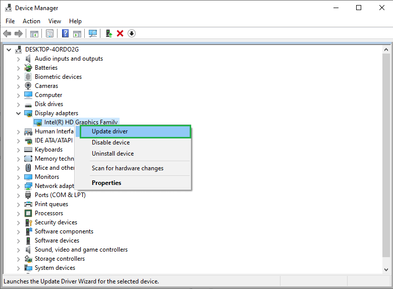 Right-click on your installed graphics and select the option Update driver