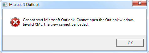 Cannot start Microsoft Outlook: Invalid XML Error message