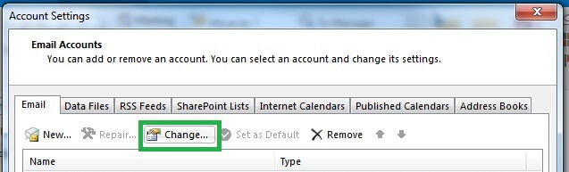 Account settings dialog box click on the Email button and then click on Change.