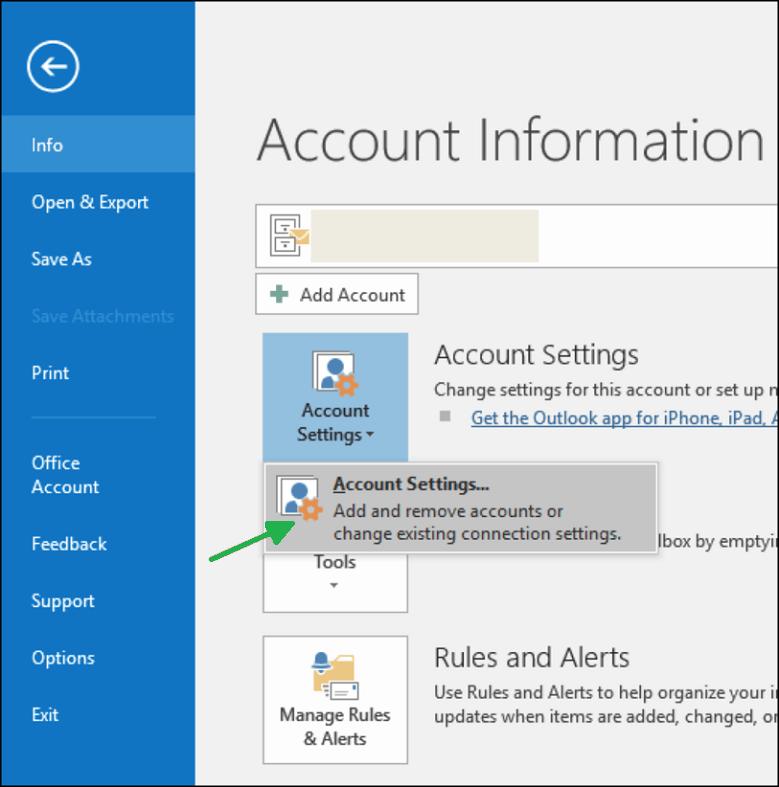 Go to File> Account Settings and then click on Account Settings.