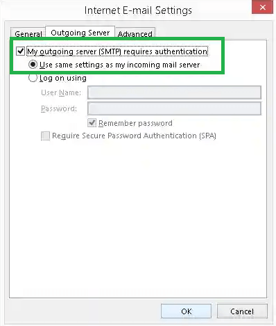 Check the box against My Outgoing Server (SMTP) requires authentication, then choose to Use same settings as my incoming mail server.