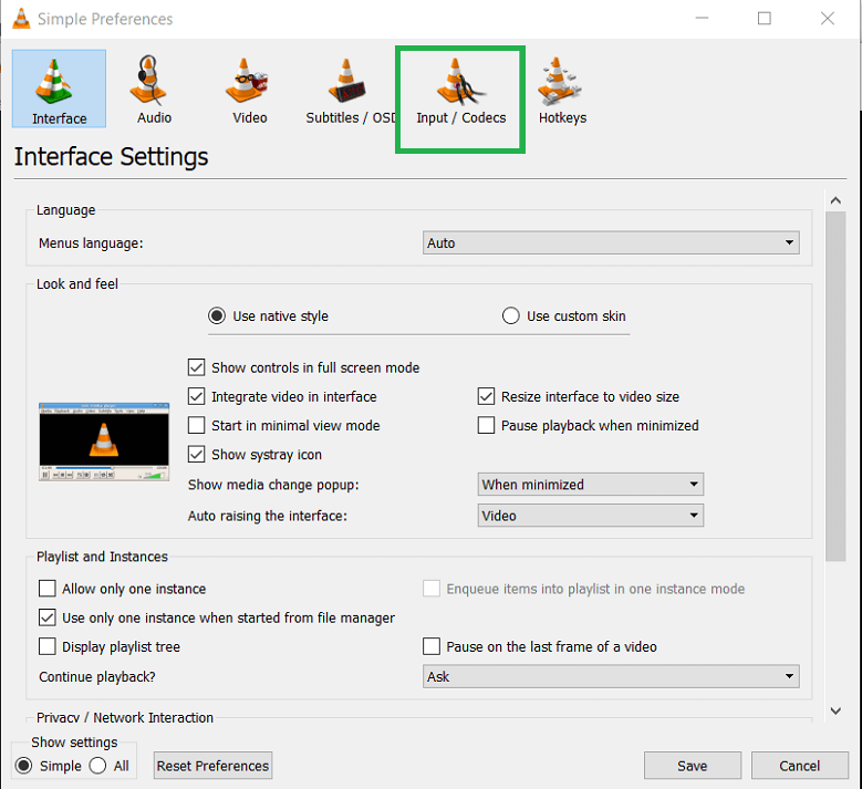 Tap the Input/Codec option.