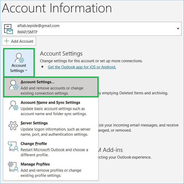 Click Account Settings >> Account Settings.