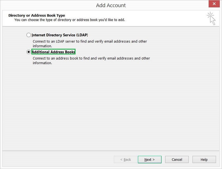 Enable the Additional Address Books option on the Add Account tab