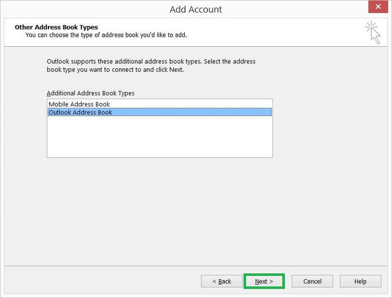 Choose the address book you want to add to your Outlook account.