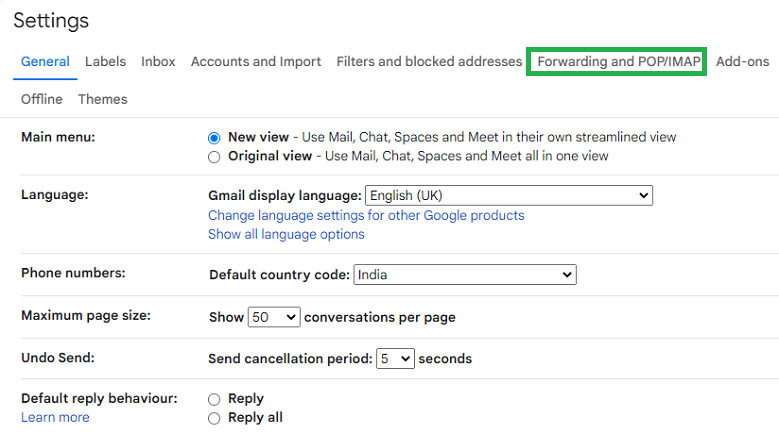 Select the option Forwarding POP/IMAP to open your Gmail account's POP/IMAP settings