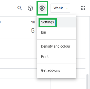 Click on the Gear icon from the Google calendar interface and then choose Settings.