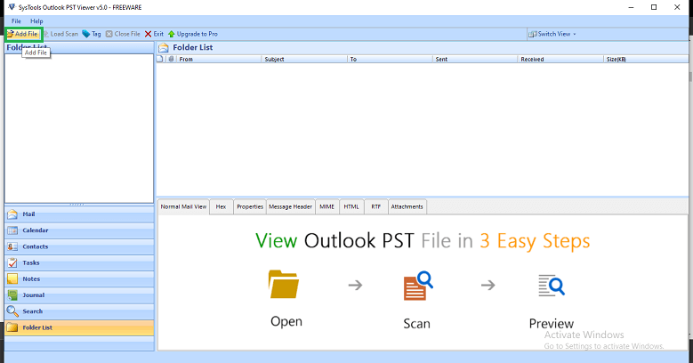 Click the Add File button to add the .pst file you want to view.