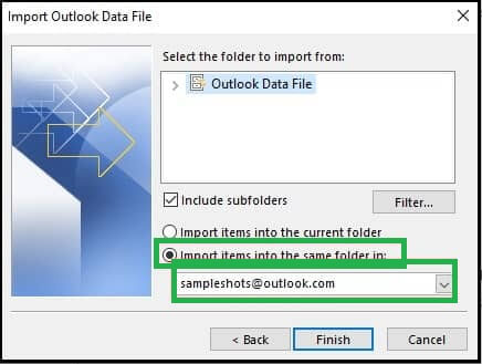 Select the folder import contact from and check the include subfolder option.
