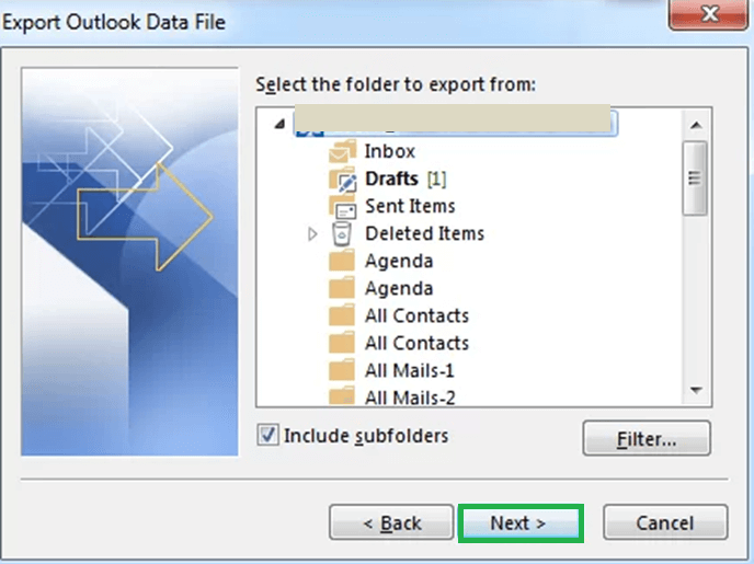 Check the Include subfolders to export data