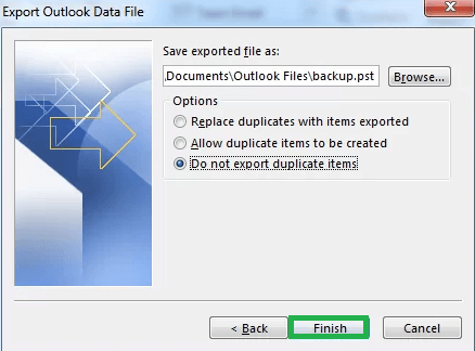 Check Do not export duplicate items before clicking Finish.