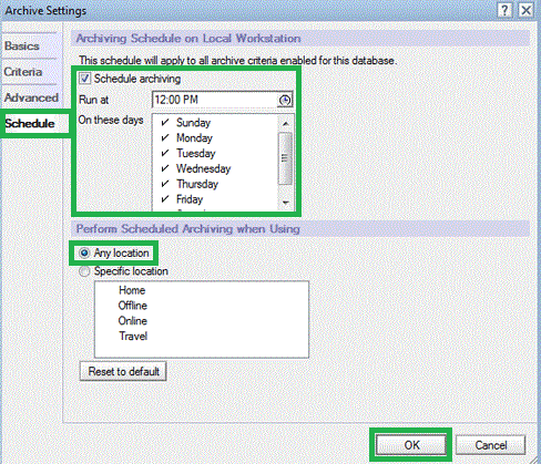 Go to the Schedule tab on Archive Settings to decide the date and time of the archiving.