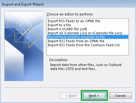 In the appeared wizard, choose Import from another program or file.