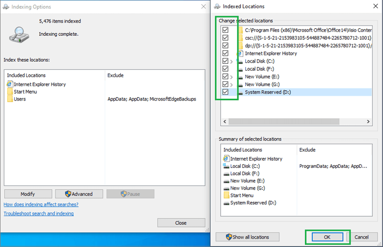 In the Change selected locations tab make sure all the options are checked against.