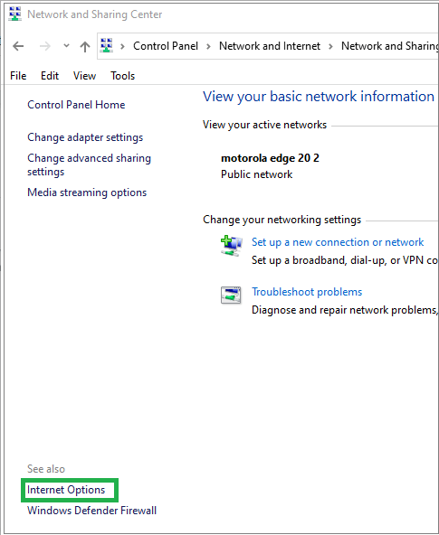 Click on the Internet options.