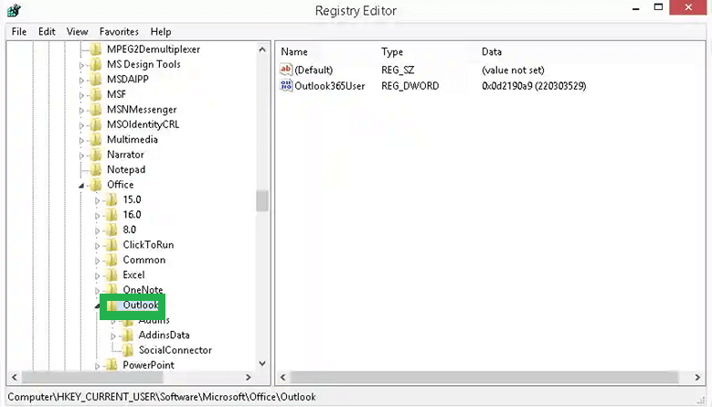 Location- HKEY_CURRENT_USER\Software\Microsoft\Office\ > OfficeVersion > \Outlook. To find your Office version.