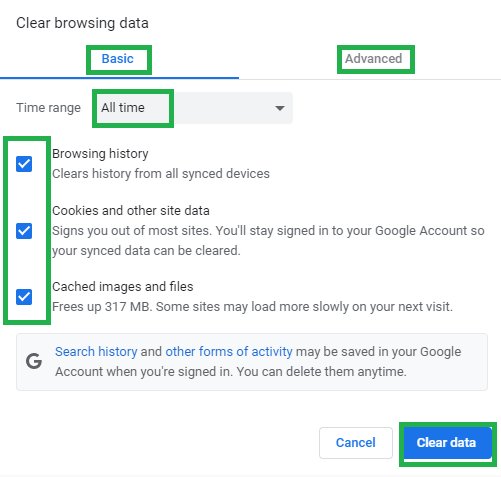 Select the time range as All Time and click on the Clear Data button.